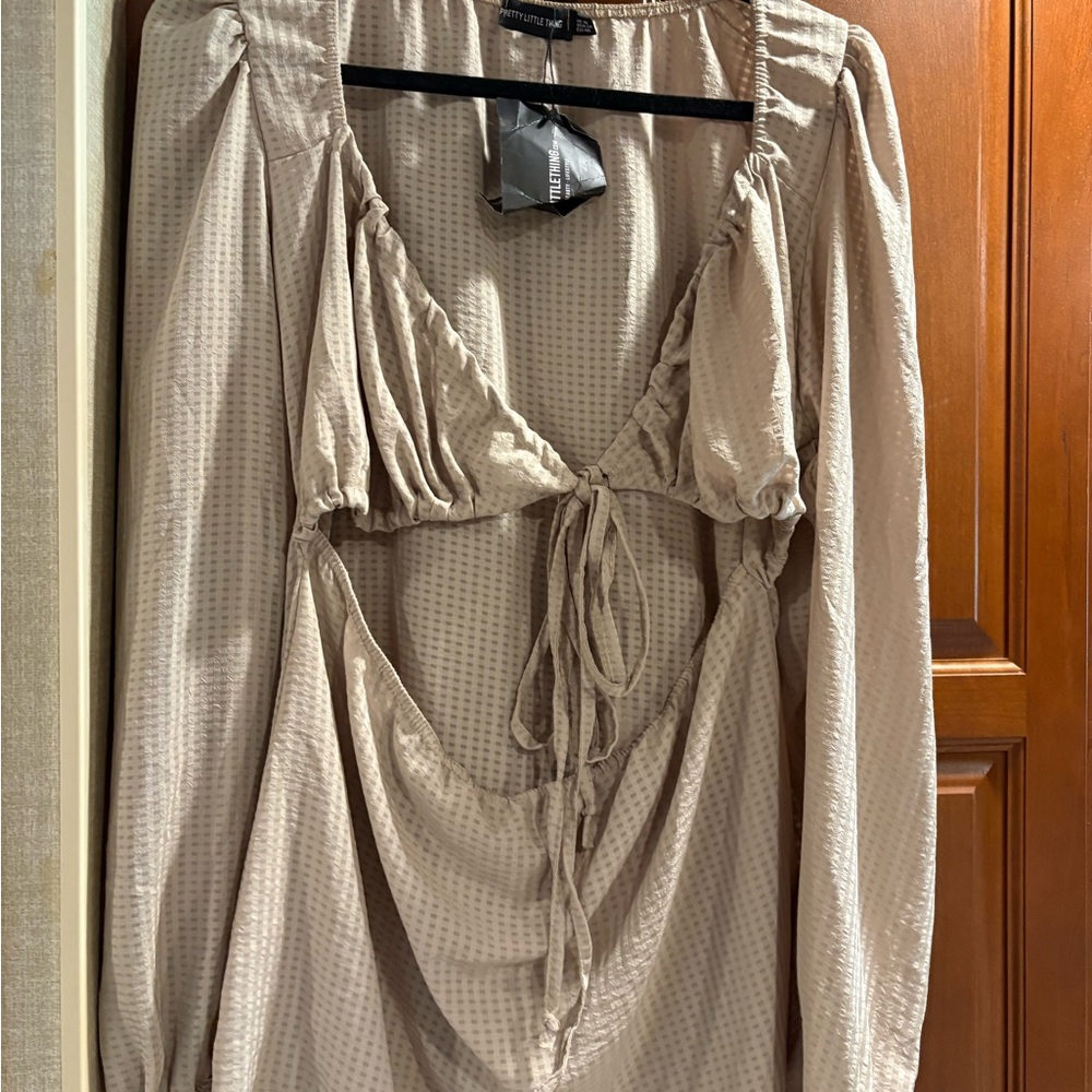 Neutral Beige Tie-Front Open Midsection Long Sleeve   Shirt